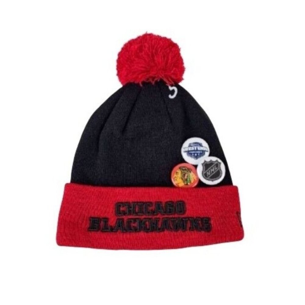 New Era Chicago Blackhawks NHL Pom Knit Beanie Team Hat Cap Button Up Winter